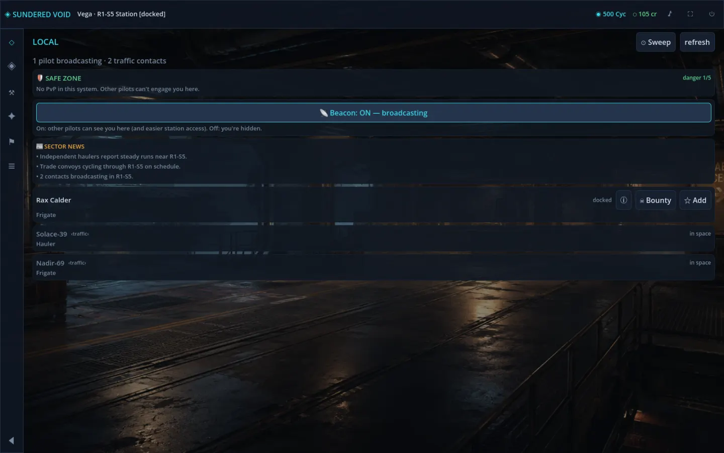 Local system — other pilots, sector news, PvP zone status