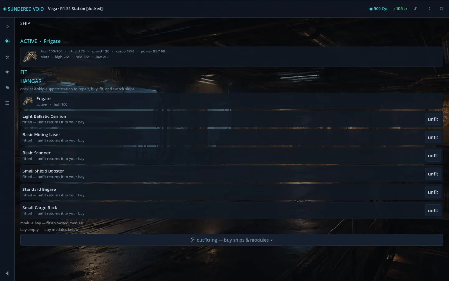 Ship outfitting — fitted modules and the hangar